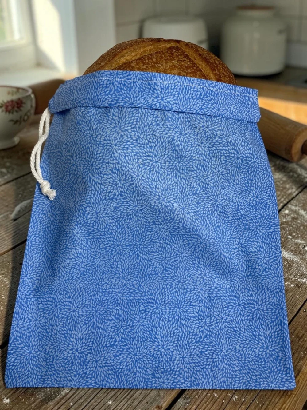 Blue Floral Organic Cotton Bread Bag, Reusable Bread Storage Bag, Sourdough Bag